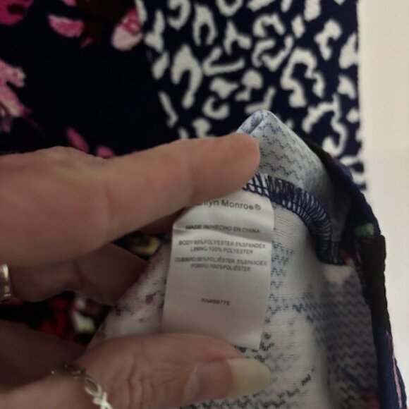 Marilyn Monroe XL Sheath Dress Navy Floral Animal Print V Neck Feminine Bold - Picture 7 of 8